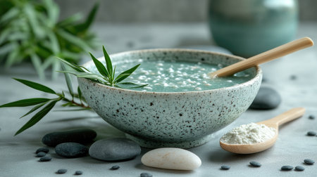 Photo of a bowl with a green matcha face mask, surrounded by rocks and leaves on the right side. On top is also a bamboo spoon filled with white powder. Flat lay style. White concrete background. The color scheme includes light gray, soft blue, and natural greens to create a soothing atmosphere --chaos 30 --ar 16:9 --stylize 500 --v 6.1 Job ID: ac2dcd44-a55b-4144-96a4-3e72d9c6345dの素材