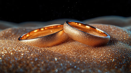 Gold wedding rings on a black background with golden, glittering sand --chaos 30 --ar 16:9 --stylize 500 --v 6.1 Job ID: acd85b99-489a-4002-a2a6-ec4c8543f931の素材