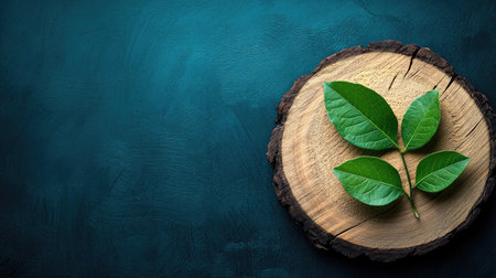 Photo of a wooden slice with a green leaf on it against a dark teal background for product presentation. Web banner with copy space on the right side --chaos 30 --ar 16:9 --stylize 500 --v 6.1 Job ID: 2a25ef58-c3ff-401f-ab3a-6df37e1f9d2cの素材