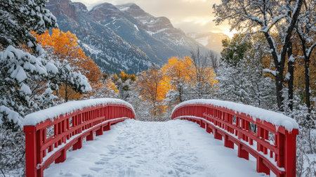A straight, red walkway leading to the mountains in Colorado. Snow covers the ground, and the sunset casts a warm glow. Captured with a wide-angle lens --chaos 30 --ar 16:9 --stylize 500 --v 6.1 Job ID: 2b4bf4b4-6281-4f36-bf78-df970a2f301cの素材