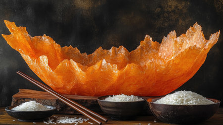 A bowl of rice wrapped in an orange cloth is placed on the wooden table, next to it there are some chopsticks and bowls filled with white grain rice, and a black background. --chaos 30 --ar 16:9 --stylize 500 --v 6.1 Job ID: 69762e92-5ffc-4f6d-90df-138539d97bd1の素材