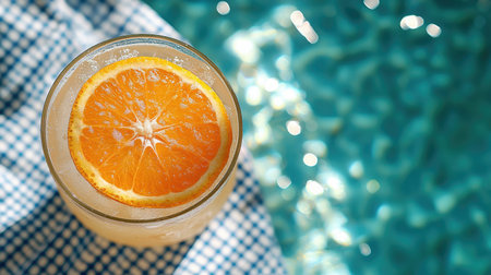 A checkered towel with half an orange and juice on it, top view. The background is a blue grid-patterned cloth with white squares. A glass of lemonade sits next to the orange. Sunlight shines through from above onto the whole scene. High-resolution photography. This photo was taken using a Canon EOS 50D camera with an f/8 aperture setting --chaos 30 --ar 16:9 --stylize 500 --v 6.1 Job ID: 49f20727-74b2-4aa7-9c02-e1e6806d4590の素材
