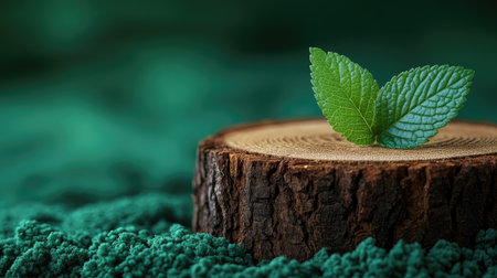 Photo of a wooden slice with a green leaf on it, placed against an emerald background. Web banner with copy space on the right --chaos 30 --ar 16:9 --stylize 500 --v 6.1 Job ID: 0e2f257b-bbf9-42ea-8e60-6e04a0c86196の素材