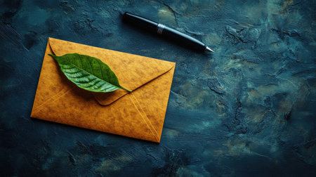 A yellow envelope with a black pen and a leaf on a dark background, in a minimalistic style, from a top-down view. A flat lay concept for an online advertisement or marketing banner of a sleek letter box. High-resolution photography. --chaos 30 --ar 16:9 --stylize 500 --v 6.1 Job ID: f56328e3-4e60-42a4-bd99-da5ebbb16469の素材