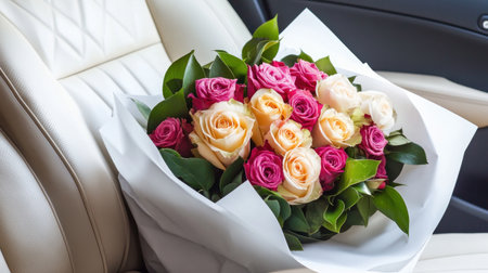 A bouquet of flowers in the car is wrapped with white paper. Pink and yellow roses are surrounded by green leaves. The image features white leather seats, high-definition photography, a real-shot effect, bright colors, high resolution, and high-level details, all of which contribute to the best quality. --chaos 30 --ar 16:9 --v 6.1 Job ID: 95d48925-c131-4ca5-bbc0-6c5956d3208fの素材