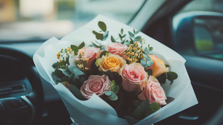 A bouquet of flowers in the car is wrapped with white paper. Pink and yellow roses are surrounded by green leaves. The image features white leather seats, high-definition photography, a real-shot effect, bright colors, high resolution, and high-level details, all of which contribute to the best quality. --chaos 30 --ar 16:9 --v 6.1 Job ID: 95d48925-c131-4ca5-bbc0-6c5956d3208fの素材