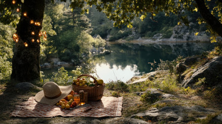 A beach hat sitting on a picnic blanket, with a basket and fruit, beside a calm beach and bright sunlight reflecting on the water --chaos 30 --ar 16:9 --v 6.1 Job ID: 80b6dac1-d796-46bd-b964-f12b0d5d50fbの素材