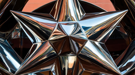 Illustrate a meticulously sculpted, chrome-plated geometric sculpture of an exploding star, set amidst a refined, X-shaped metal design in breathtaking detail --chaos 30 --ar 16:9 --v 6.1 Job ID: 09144d2e-aa34-4c54-9bfd-22ca7852c249の素材