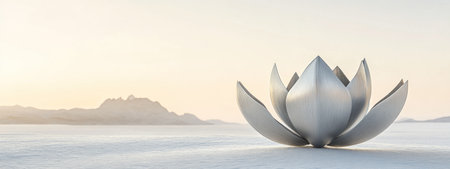 A white lotus-shaped metal sculpture, made of silver material and metallic texture, stands on the snow in front of the desert landscape. The background is clean with a gradient gray color scheme. Minimalist style, high-end feel, high resolution, professional photography, depth of field lens, wide-angle perspective, product display space, high-quality details. --ar 8:3 --v 6.1 Job ID: 652c6bf1-ac20-406a-a6b5-ce12f507795fの素材
