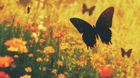 Depict a swarm of butterflies gathering near a vibrant flower field in a natural landscape, free from humankindâs intervention --chaos 30 --ar 16:9 --v 6.1 Job ID: cff0b82c-ed79-4aab-aaf3-d78f29fcfb31の素材