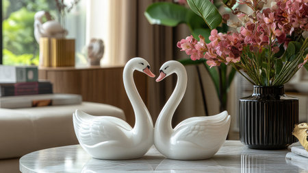 Ceramic table ornaments, two swans in love, white and cream color scheme, home decor accessories, indoor scene, high-definition photography, high-resolution details, natural lighting, indoor flowers as background, ceramic product display, simple style, romantic atmosphere. --chaos 50 --ar 16:9 --stylize 500 --v 6.1 Job ID: 58989001-52ad-41ab-8b00-acba95468aedの素材