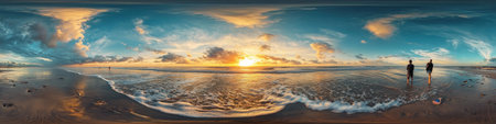 Panoramic photograph of a beautiful sunset on the beach with waves, in the style of hyperrealism. --ar 4:1 --v 6.1 Job ID: 39389fdf-2695-4c01-bbca-61b40906fe54の素材