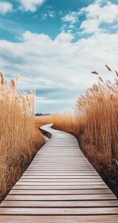 A winding wooden boardwalk surrounded by tall, golden reeds leads to the horizon, where there is an endless expanse of wetland scenery. The photo was taken with a Canon EOS R5 and has a high resolution of 30 megapixels. --ar 8:15 --v 6.1 Job ID: 6ab10d37-a4fd-47d7-ac58-8e416ae62a2eの素材