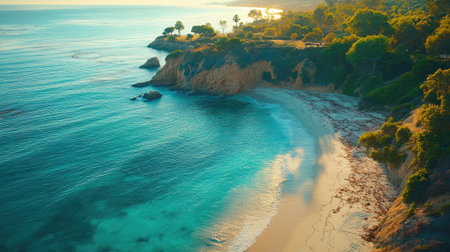 Photo of California's stunning coastline in the Malibu hills, with a white sandy beach and turquoise sea water. Aerial view of the vast expanse of ocean meeting the sand along the cliffside, with dramatic cliffs. --chaos 30 --ar 16:9 --stylize 500 --v 6.1 Job ID: c40080ed-451f-4ff7-b743-d3bbe5de5351の素材