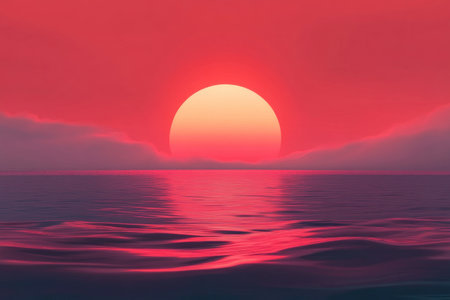 Red sunset over the sea. The sun is large and round, the sky above it is red in color. There's nothing around except water. --ar 3:2 --v 6.1 Job ID: 590cc905-6457-4d14-b370-7081ade2e21aの素材