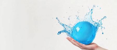World Water Day concept with a hand holding a blue globe and a splash of clean, fresh liquid on a white background. This banner is suitable for environmental protection advertising or a World Environment Day campaign design. There is ample copy space. High quality, DSLR photo with an f/2.8 lens. --ar 7:3 --v 6.1 Job ID: d7f756fb-d3b0-437c-8a39-400761e7d553の素材