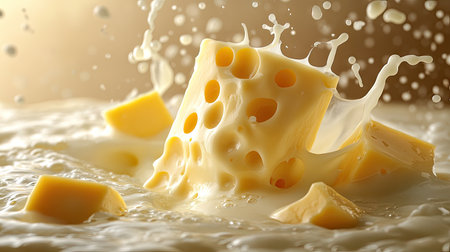 Close-up of cheese falling into milk, with splashes and cubes of cheddar cheese. The background is a beige color, with a light brown hue. --chaos 30 --ar 16:9 --stylize 500 --v 6.1 Job ID: dfe8b784-47a2-4904-9885-14608ac74b76の素材
