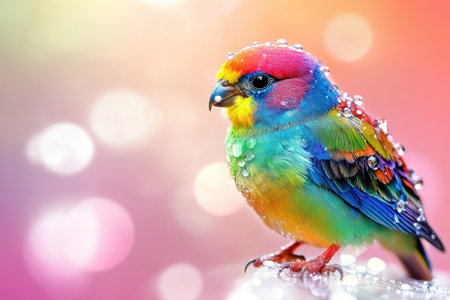 Colorful rainbow-colored bird with a sparkling water droplet background, hyper-realistic photography in the style of [Artist name]. --ar 100:67 --v 6.1 Job ID: cc4c5e36-7616-4bbc-9138-c02a756e6ce4の素材