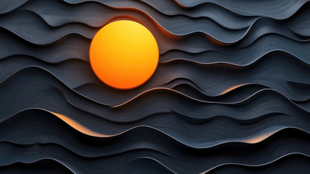 Black background with a three-dimensional yellow sun and wave patterns, creating an abstract and minimalist design. The composition is symmetrical and balanced, with the sun in front of black wavy lines. It creates a sense of calmness and tranquility through a combination of simple geometric shapes and warm colors. --chaos 30 --ar 16:9 --stylize 500 --v 6.1 Job ID: 03130130-be26-42d8-9d13-7a70183ef88aの素材
