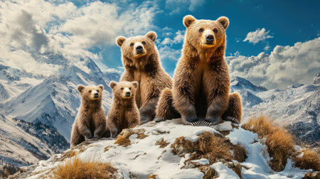 Illustrate a family of bears enjoying a moment of peace in their natural habitat, emphasizing wildlife in a natural environment --chaos 30 --ar 16:9 --v 6.1 Job ID: 07c77b09-e717-485b-bed0-39597d91e444の素材