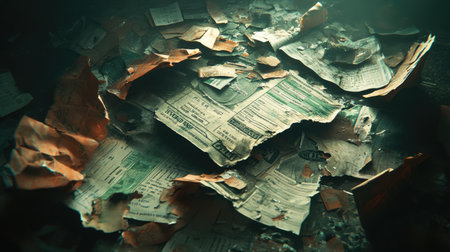 Picture a crumpled and torn bank statement, its details highlighting years of finances, displayed in fine detail --chaos 30 --ar 16:9 --v 6.1 Job ID: d344b3c1-adaa-4e81-8b7e-1a44d84c563cの素材