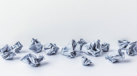 Imagine a single, meticulously crumpled sheet, capturing the frustration of a novel's abandoned plot, depicted sharply against a pristine white backdrop, avoiding human presence --chaos 30 --ar 16:9 --v 6.1 Job ID: 6165c6d6-d637-4977-97c1-ba503cfd527cの素材