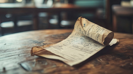 Generate an evocative shot of a deeply crumpled, aged receipt revealing a clandestine transaction, emphasizing its textural complexity --chaos 30 --ar 16:9 --v 6.1 Job ID: 46827741-18cb-4c55-a146-2de97e83ca6dの素材
