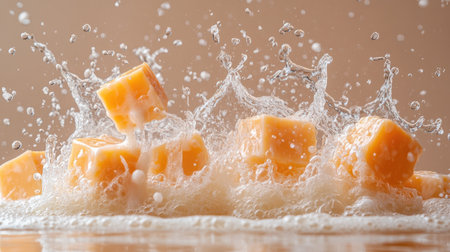 Close-up of cheese falling into milk, with splashes and cubes of cheddar cheese. The background is a beige color, with a light brown hue. --chaos 30 --ar 16:9 --stylize 500 --v 6.1 Job ID: dfe8b784-47a2-4904-9885-14608ac74b76の素材