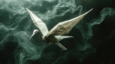 Illustrate a meticulously crafted, paper origami crane, slowly unfolding itself, symbolizing the release of internal burdens --chaos 30 --ar 16:9 --v 6.1 Job ID: db32c804-f73a-4ffe-87e7-bce6d3f725adの素材