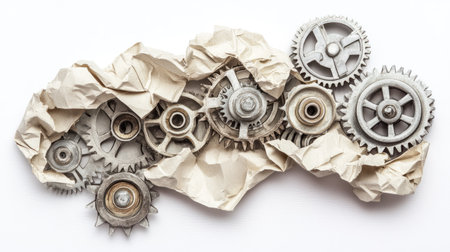 Compose an image of a crumpled paper morphing into an elaborate, abstract machine with intricate gears and components on white --chaos 30 --ar 16:9 --v 6.1 Job ID: 12703c88-db1b-425b-bd90-aee184bba87bの素材