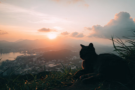 Captivating silhouette of a black cat resting on a hilltop overlooking a city at sunset. The image displays a tranquil scene with a blend of warm colors and natural elements.の素材
