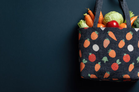 Dark navy blue shopping tote bag, filled with fresh produce, such as carrots, cabbage, and tomatoes. The bag has a colorful pattern of fruits and vegetables on a dark background. The bag is positioned against a dark navy blue backdrop.の素材