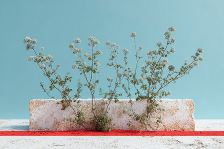 Small, light beige block of stone with small delicate plants and white flowers growing from its surface. The plants have light green leaves. The stone sits against a pale teal or turquoise background. A strip of red paint runs horizontally across the base.の素材