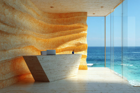 Contemporary, minimalist reception desk made of light beige stone is situated within a modern interior design. The walls are a textured, golden hue that creates an interesting visual contrast with the light-colored stone desk. Large windows provide a breathtaking ocean view, maximizing the natural light and creating a tranquil atmosphere.の素材