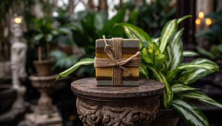 A handmade layered soap bar is presented on a decorative pedestal amidst lush greenery.の素材