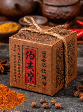 A rustic brown box with traditional writing is tied with twine, surrounded by spices.の素材
