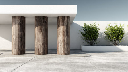 Exterior of a modern building featuring natural wood columns and minimalist landscaping.の素材