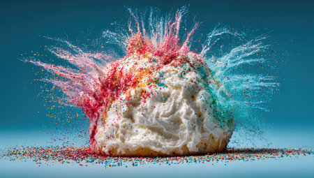 Dessert explodes with colorful sprinkles and frosting in a dynamic splash.の素材