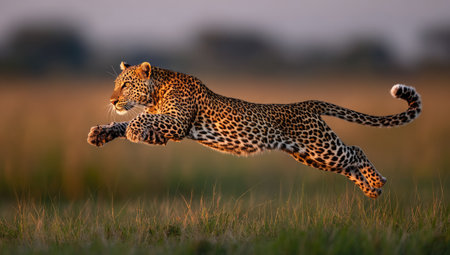 A spotted leopard in mid-air, leaping across a sunlit grassy field.の素材