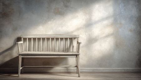 An empty wooden bench sits before a textured wall with natural light patterns.の素材