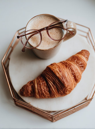 A cozy breakfast scene featuring a coffee cup, croissant, and glasses on a tray.の素材