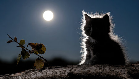 A small, fluffy kitten is silhouetted against the moonlit night sky.の素材