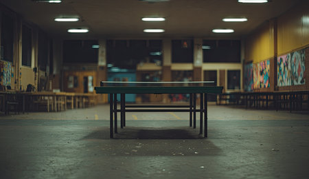 A ping pong table is centrally placed in a dark, empty recreation area.の素材