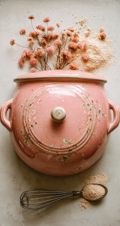 A pink ceramic pot with dried flowers and powder on a spoon.の素材