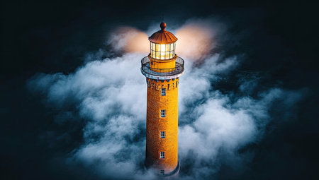 A solitary lighthouse pierces the dark, foggy night sky with its illuminating beam.の素材