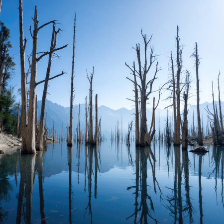 Dead trees stand in a calm lake reflecting the blue sky and distant mountains.の素材