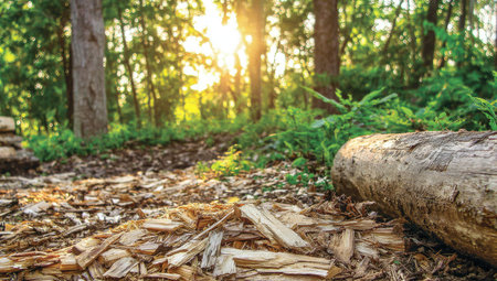 A forest floor covered in wood chips with a fallen log and sunlight.の素材