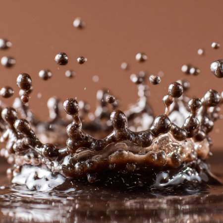 Chocolate liquid splashes and droplets frozen in dynamic motion.の素材