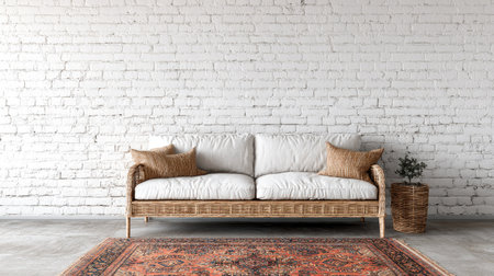 Centered shot of a natural woven or wicker sofa with white cushions and textured brown throw pillows, placed in front of a distressed, whitewashed brick wall. An old patterned rug in shades of red and brown lies on a concrete floor in the foreground, and a small potted greenery sits in a woven basket beside the sofa.の素材