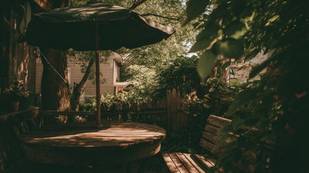 This is a , slightly moody photograph of a shaded wooden deck area in a backyard setting. A large circular wooden table with a central umbrella occupies the foreground, with sunlight filtering through the dense overhead leaves, casting strong shadows on the wood surface. Lush greenery and various plants heavily frame the scene, particularly on the right, creating a sense of enclosure and privacy. In the background, a portion of a neighboring light-colored house and a wooden fence are visible amidst the greenery.の素材